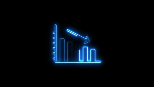 Blue neon bar chart with downward arrow on black background graph