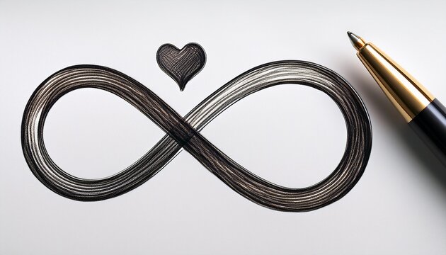 heart and infinity symbol graphic with pen on white surface