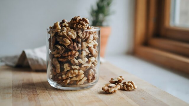 Clear glass jar filled with walnut halves placed on a wooden countertop near window