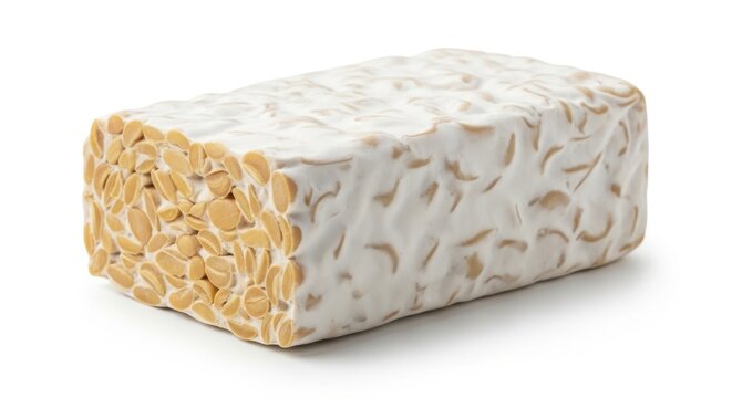 A block of fresh raw tempeh made from fermented organic soybeans