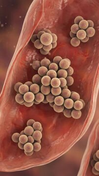 Pathogen organism proliferation: Staphylococcus bacteria, blood vessel, infectious agent, disease spread, microscopic view, cell cluster, human body, health threat.