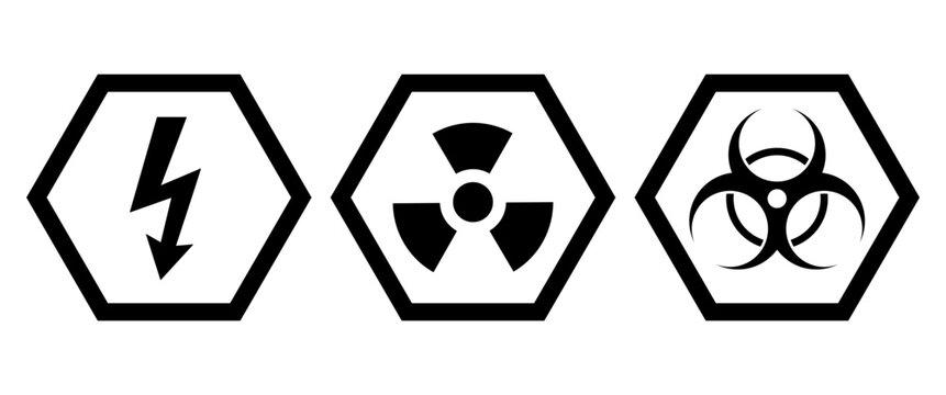 Outline Hexagon Hazard Warning Sign Set with Electrical, Radiation and Biohazard Safety Icons for Industrial Protection