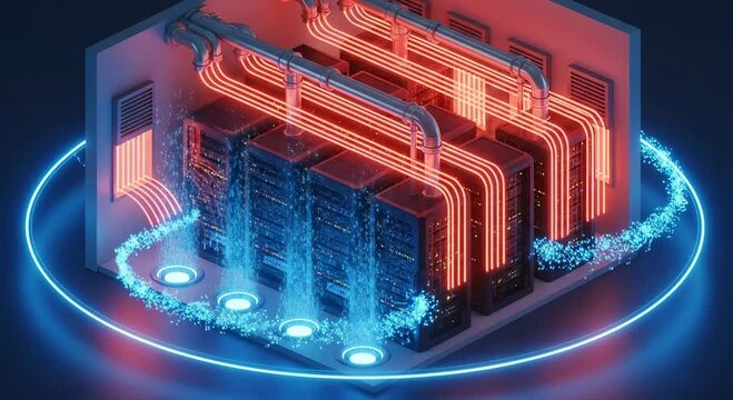 Digital server unit activating with blue energy swirl