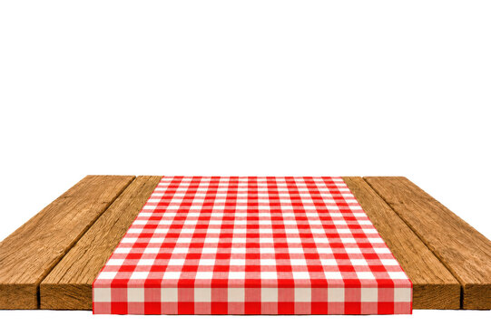 Farmhouse Wooden Table With Red Checkered Runner Mockup