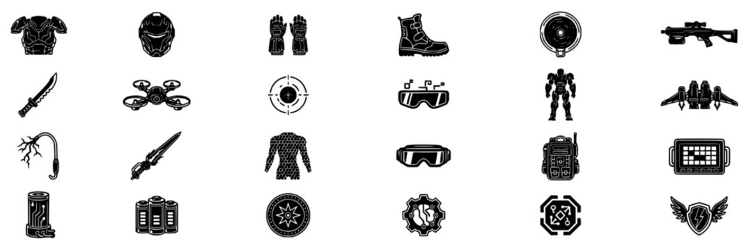 Combat Gear Icons Set with Cyberpunk Neon Style, Futuristic Weapons, Armor Pieces, and Mechanical Gadgets in a Grid