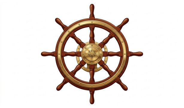 Antique brass and wooden boat steering wheel vector isolated on white background