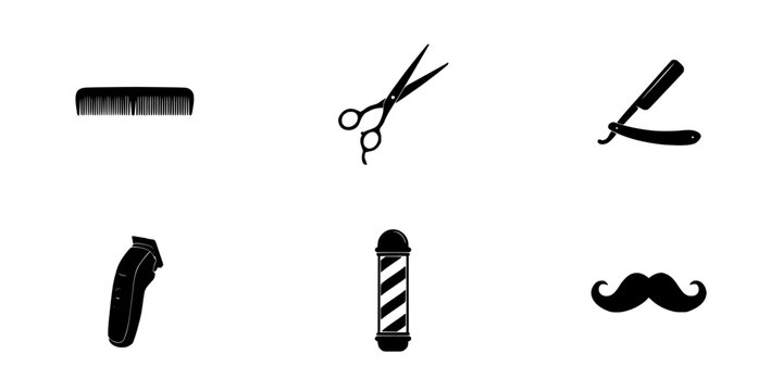 Barber Tools and Accessories Arranged in a Row Featuring Comb, Scissors, Razor with Clipper and Mustache Elements for Grooming