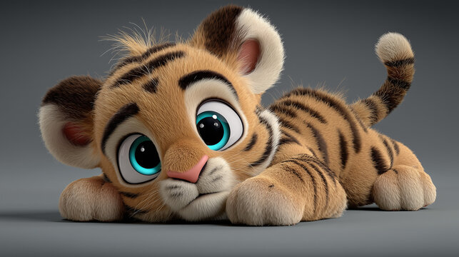 Cute kawaii cartoon animals with adorable faces in 3D. Playful  tiger character perfect for kids' designs and festive celebrations.