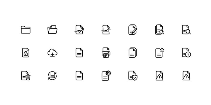 Icons Depicting Documents and Office Tools in Monochrome Line Style, Vector Set Concept for Productivity and Business Design