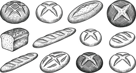 Fototapeta premium Vintage Bakery Bread Vector Sketch Set with Fresh Sourdough Loaves, Baguettes, Rye Bread, and Round Buns for Cafe Menu and Packaging Designs