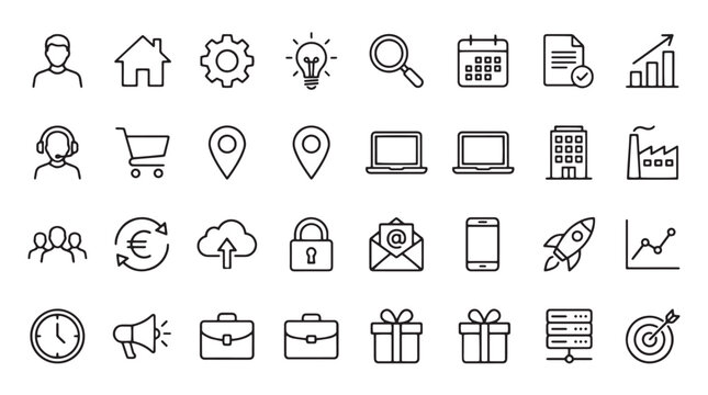 Business icons, 40 line icons, commercial symbols, office signs, minimalistic graphics