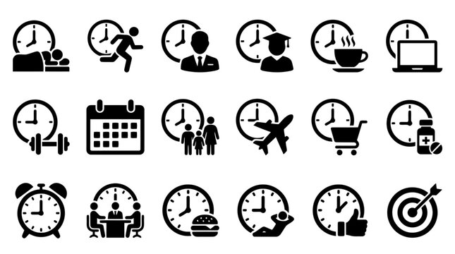 Professional time management and daily activity icon set showcasing silhouettes of people in various life scenarios integrated with clock symbols for productivity and scheduling apps