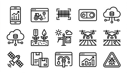 Fototapeta premium Agtech mobile app interface icons vector set bold line art digital farm dashboard symbols