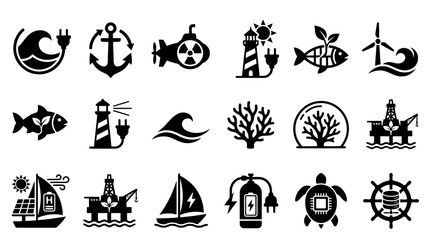 Marine renewable energy and ocean technology icons featuring wave power, offshore wind, sustainable fishing, coral reef conservation, and smart underwater research equipment for green energy © Master_BG