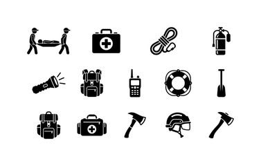 Fototapeta premium Emergency rescue tools and equipment icons set, first aid kit, stretcher, rope, oxygen tank, flashlight, backpack, walkie talkie, lifebuoy, shovel, axe, helmet.