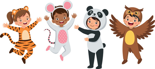 Cute kids in animal costumes vector collection with tiger mouse panda owl outfits for children party designs © Honey Qween!