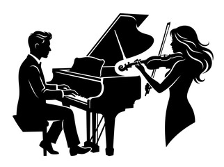 An elegant vector silhouette illustration of a male pianist playing a grand piano alongside a female violinist performing, capturing the harmony of a classical music duet performance. © Master_BG
