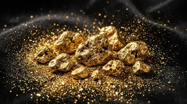 Gold nuggets with sparkling dust on dark background