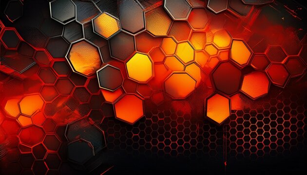 abstract dark background with red and orange geometric shapes honeycomb pattern grunge texture ideal for tech gaming or industrial designs