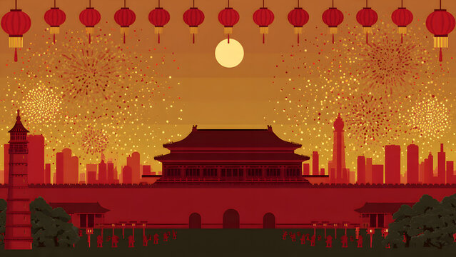 Chinese National Day or Mid Autumn Festival celebration in Beijing with Forbidden city palace skyline, red lanterns and fireworks vector illustration