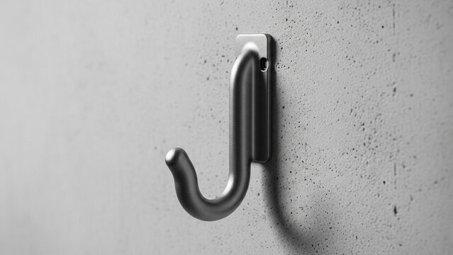 Modern metal hook attached to a gray concrete wall providing a sleek storage solution for various household items and accessories.