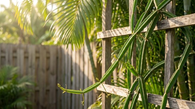 A close-up view of a healthy cissus quadrangularis climbing plant growing on a wooden trellis in a sunlit garden, capturing the lush texture and foliage.
