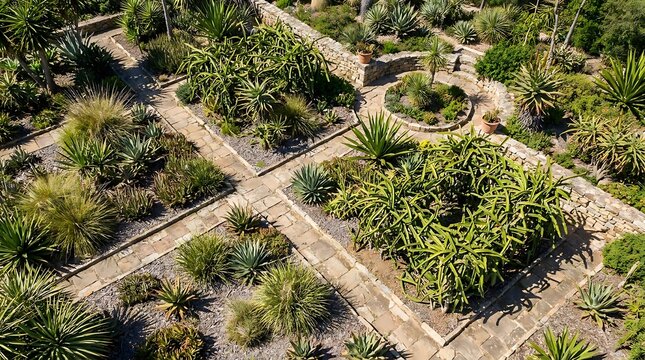 Aerial view of a structured botanical garden featuring cissus quadrangularis plants growing in stone-bordered beds with gravel paths in a sunny outdoor setting.