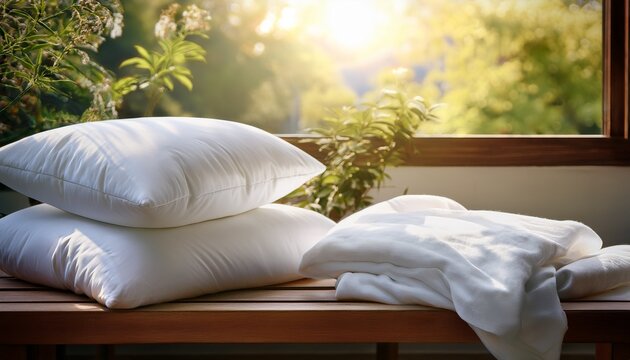 Almohadas Y Ropa De Cama Blanca Apiladas En Un Banco De Madera Junto A Una Ventana Soleada