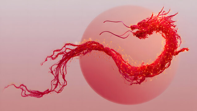 Abstract 3D illustration of a fiery Chinese dragon silhouette made of glowing red swirls against a circular sunset backdrop