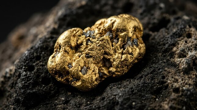 Shiny gold nugget on rough dark stone surface