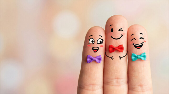 Happy finger family with cartoon smiling faces and colorful bow ties, playful friendship and unity concept with copy space.