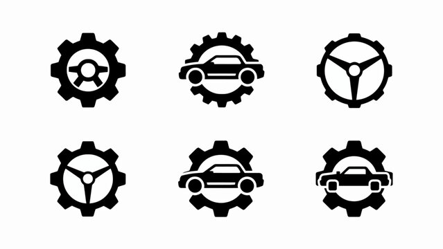 Car Service Icons: Gear, Steering Wheel, and Automobile Silhouettes