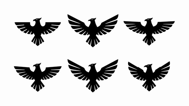 Six Black Silhouette Eagles Spread Wings Isolated White Background Vector