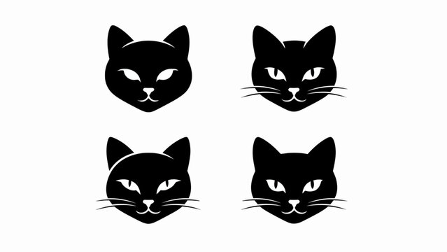 Set of four black cat head icons, stylized faces with glowing eyes, isolated on white.