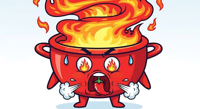 Colorful cartoon cauldron with magical flames.