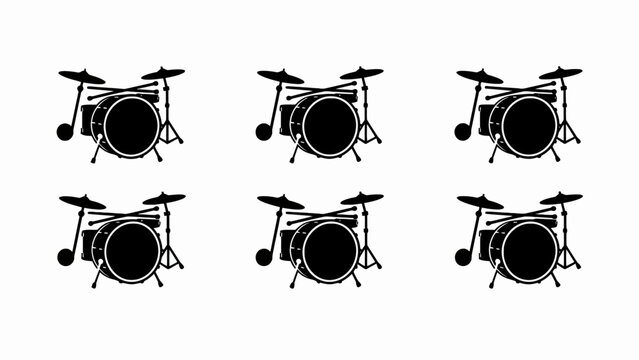 Set of Drum Kits, Black Silhouette on White Background, Music Concept