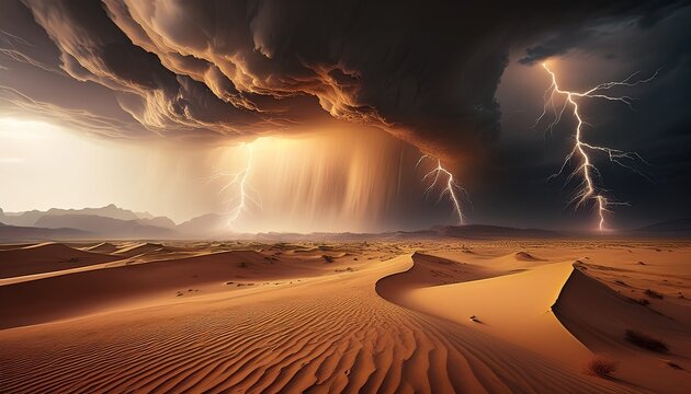 dramatic sand storm in desert thunderstorm lightning abstract background digital art