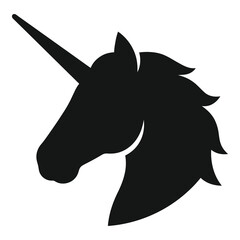 Black silhouette of a unicorn head with a horn and mane profile view icon © Sojol