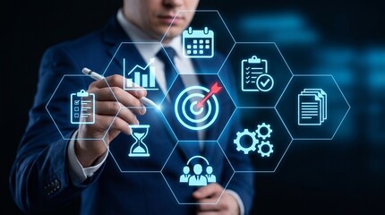 Obraz premium Businessman interacting with digital strategy icons on hexagonal interface