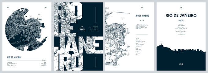 Naklejka premium Set of travel posters with Rio de Janeiro, detailed urban street plan city map, Silhouette city skyline, vector artwork