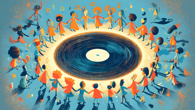 A joyful circle of diverse individuals, hand in hand, celebrating community and connection while dancing around a retro vinyl record, symbolizing unity through music and shared positive experiences