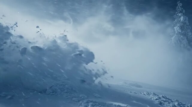 Snowstorm in Mountain Landscape with Blowing Snow and Cold Atmosphere.