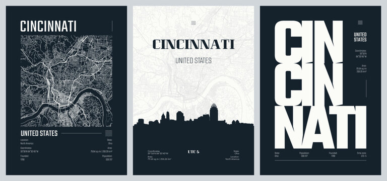 Silhouette city skyline artwork, Detailed urban street plan city map Cincinnati the most populous city in Hamilton County, Ohio, United States, Vector set of travel posters, kit 2