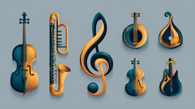 Elegant stylized musical instruments and a decorative treble clef, capturing the harmonious essence of melody and the cultural spirit of sound