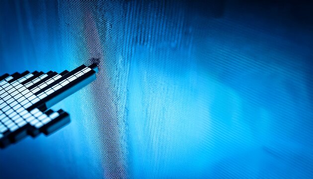 macro photograph of a computer monitor displaying a hand pointer cursor on a light blue background with visible pixel grid
