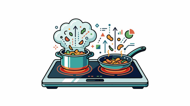 Cooking food on electric stove with abstract data visualization elements