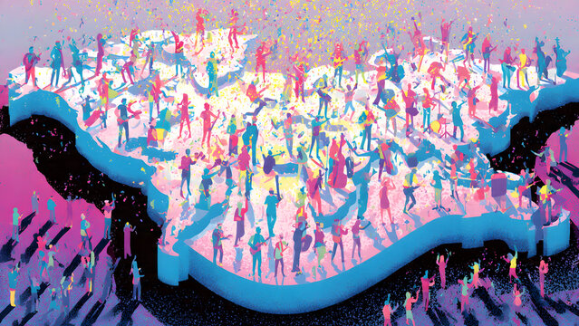 Dynamic illustration capturing a vibrant population celebrating in unison on a stylized landmass, symbolizing community spirit and collective joy