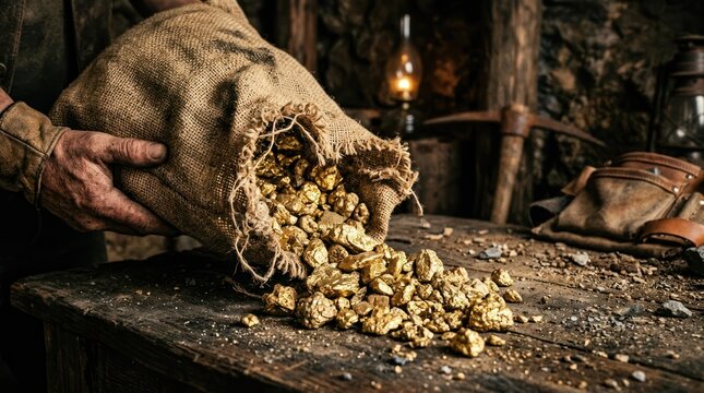Hand pouring gold nuggets into a sack on workbench