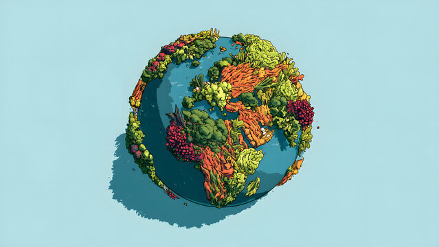 A captivating 3D rendition of Earth, its continents bursting with lush, diverse flora, symbolizing ecological harmony, environmental well-being, and global sustainability efforts
