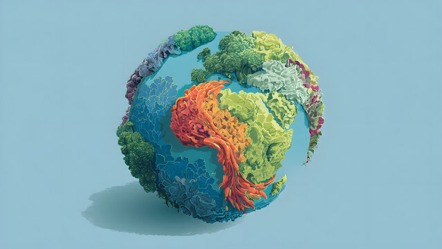 Conceptual digital Earth globe, an intricate mosaic of vibrant, textured continents, symbolizing global interconnectedness, environmental diversity, and ecological harmony worldwide